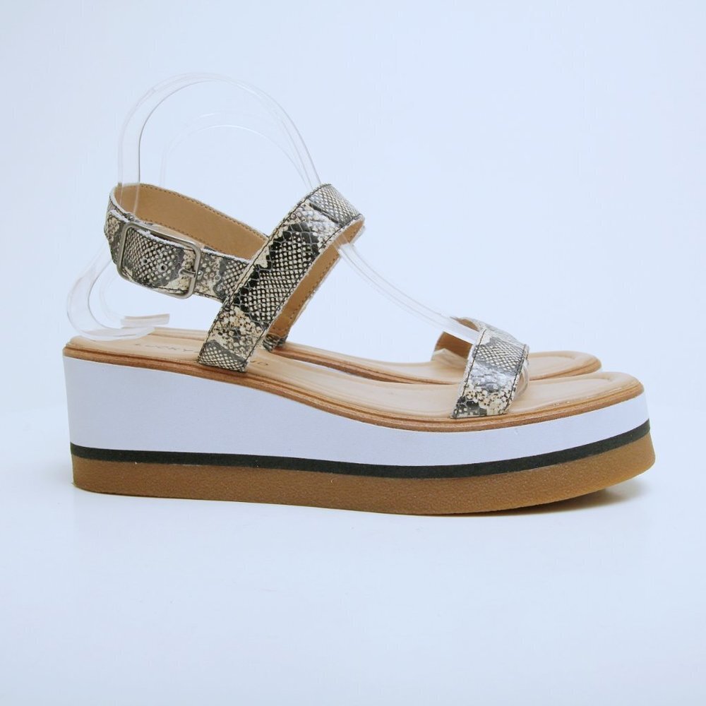 Lucky Brand Tamri Buckle Wedge Snake Print Sandals Tan Women Size 9.5